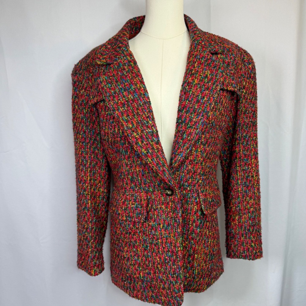 Excursion Womens Multi Color Tweed Blazer Single Button Jacket Size 2 Vintage